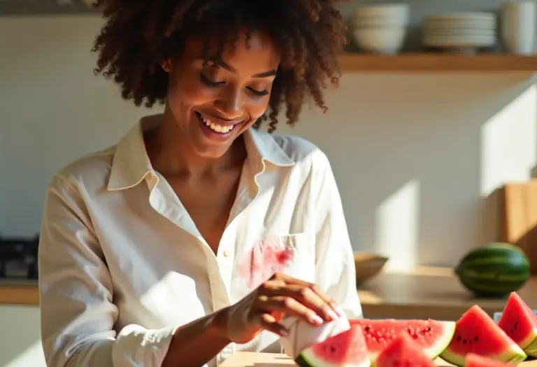 Mulher sorrindo remove mancha de melancia da camisa.
