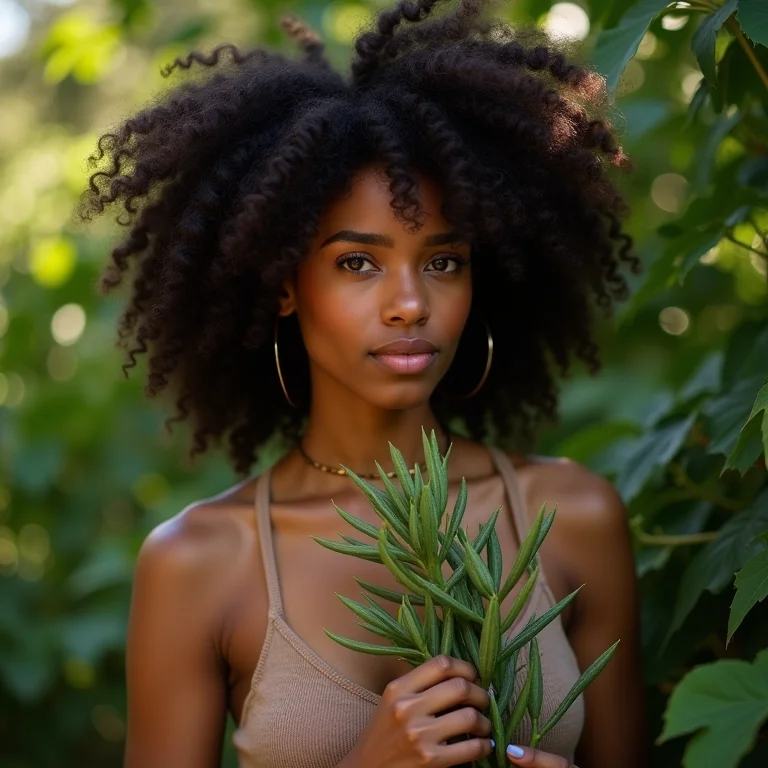 Mulher sorrindo segurando muda de arruda em meio a folhagens.