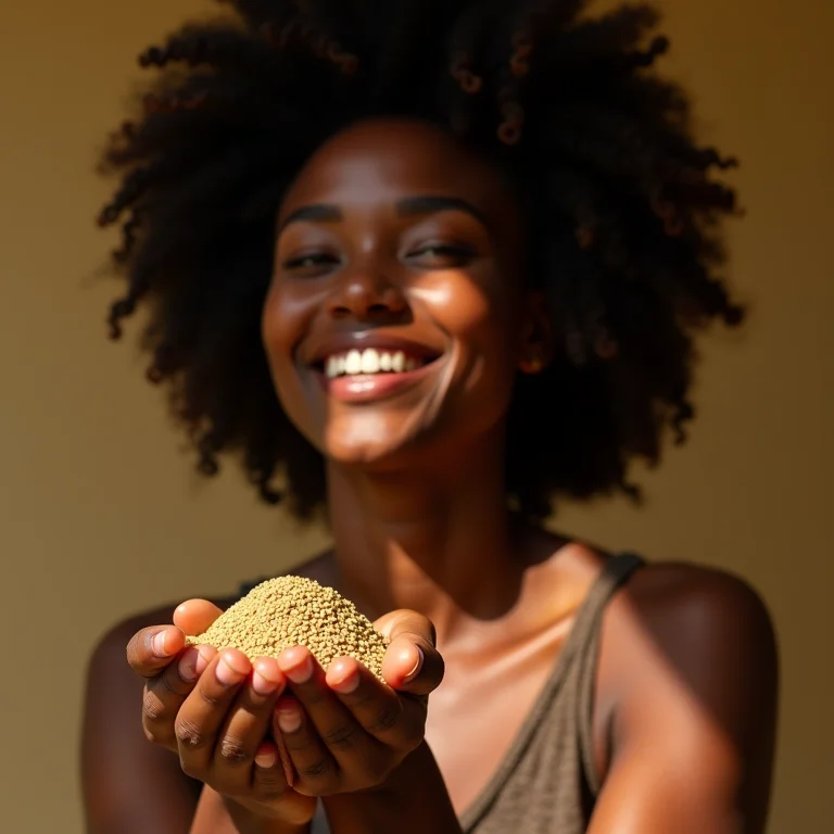 Mulher sorrindo segurando sementes de feno grego