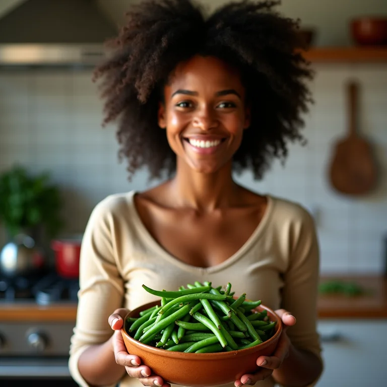 Mulher sorrindo segurando tigela de feijão de corda cozido
