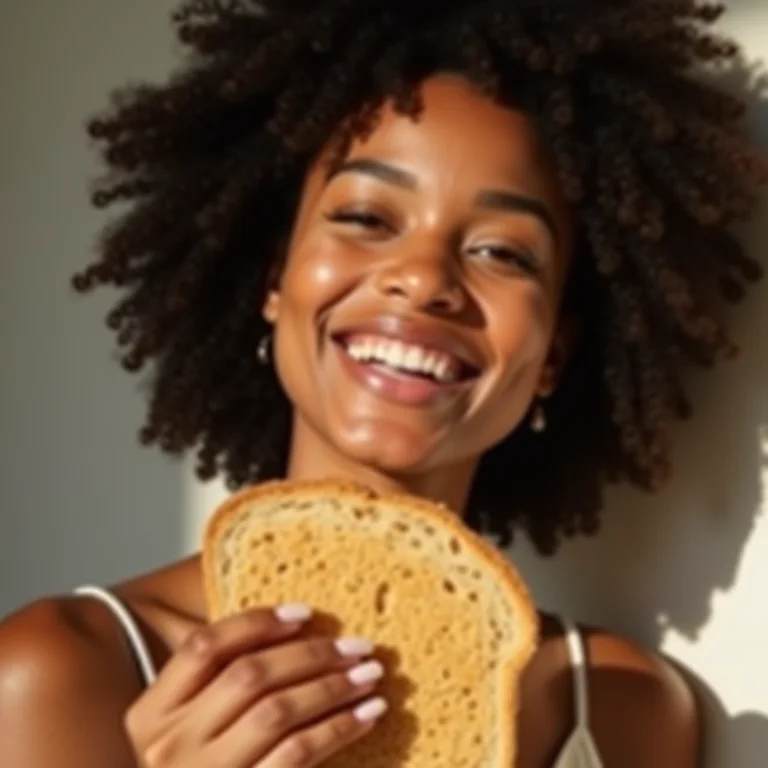 Mulher sorrindo segurando uma fatia de pão de cevada