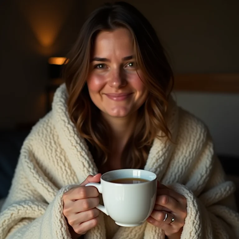 Mulher sorrindo, segurando uma xícara de chá com mel, com luz suave.