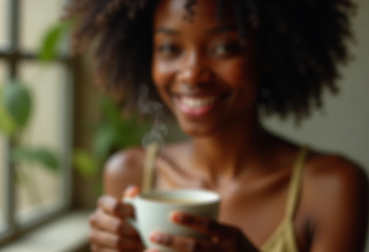 Mulher sorrindo segurando uma xícara de chá de ulmaria.