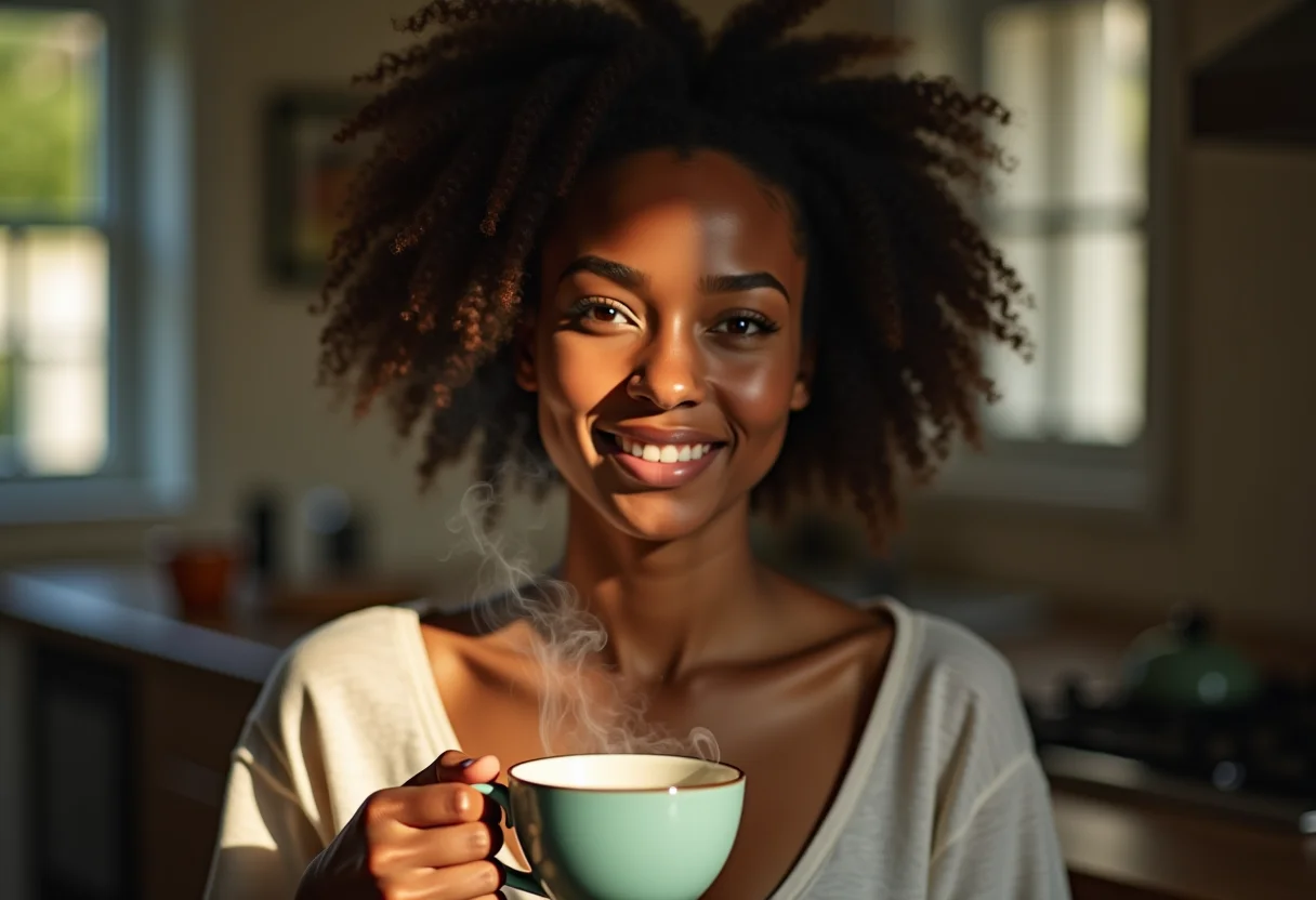 Mulher sorrindo segurando xícara de chá de hortelã