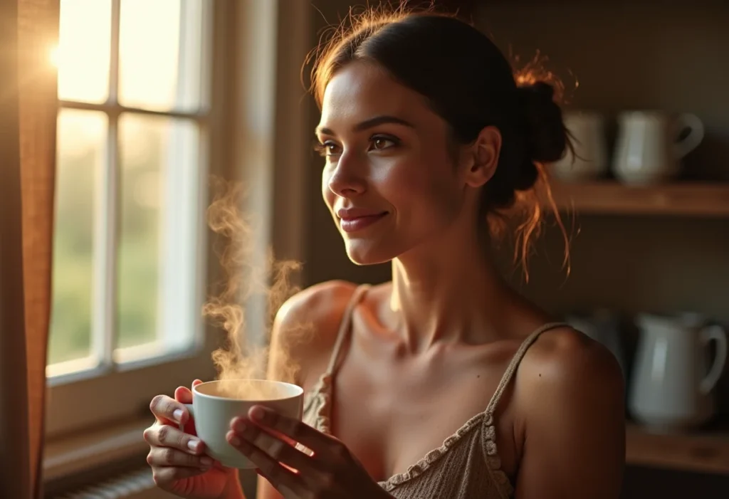 Chá para imunidade: o segredo que sua avó não te contou Mulher sorrindo segurando xícara de chá fumegante.