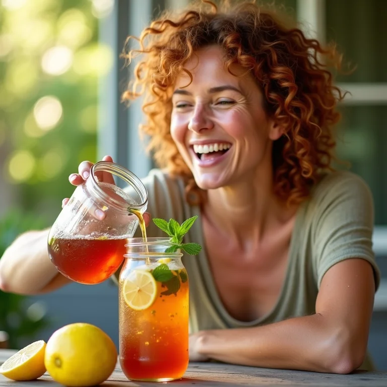 Mulher sorrindo servindo chá gelado natural caseiro em varanda ensolarada.