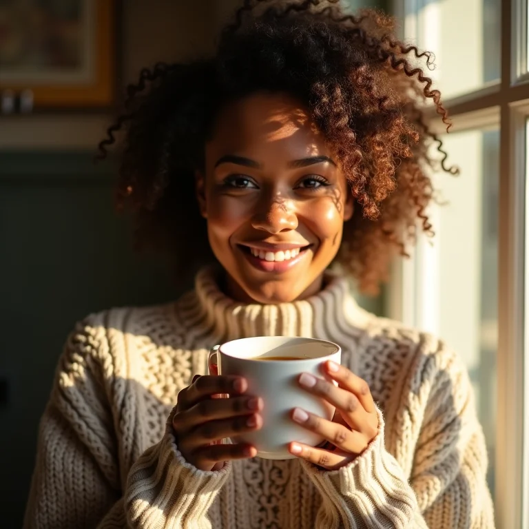 Mulher sorrindo tomando chá de estévia.