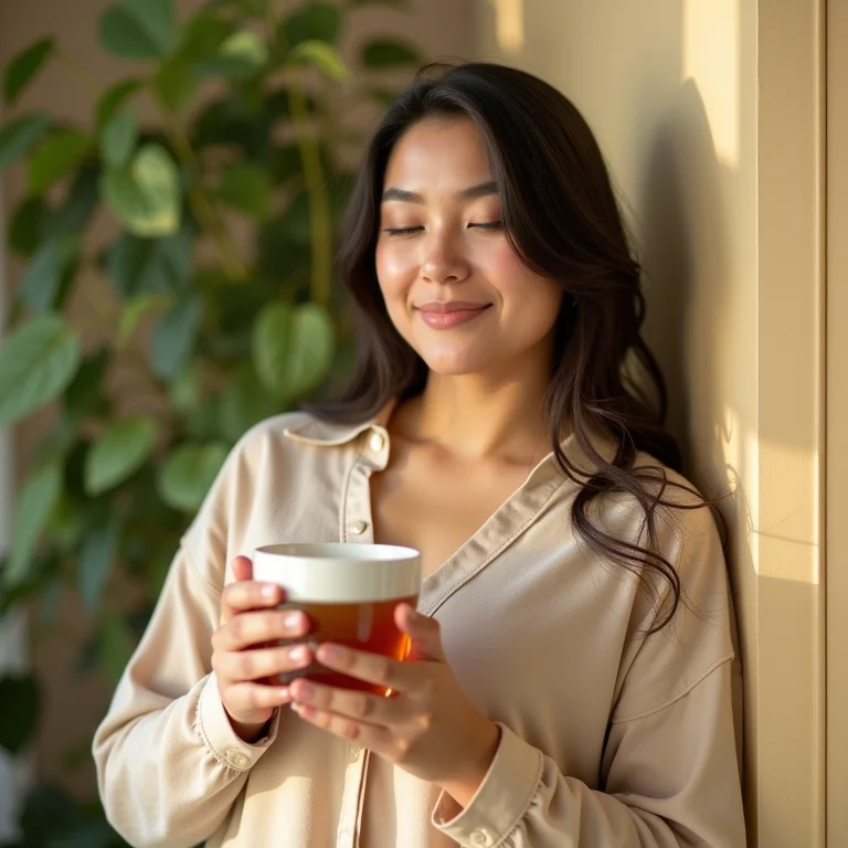 Mulher sorrindo tomando chá de tília.