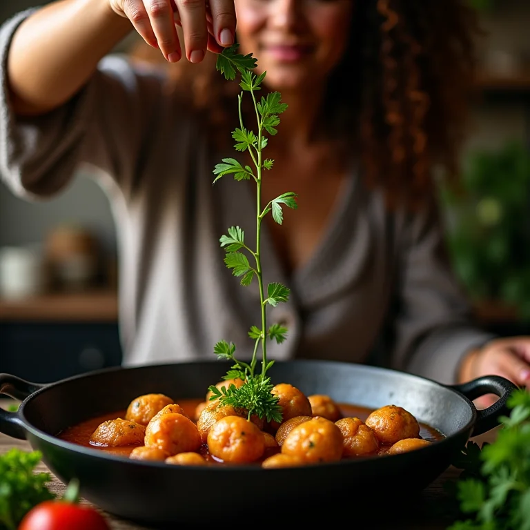 Mulher temperando baião de dois com ervas aromáticas