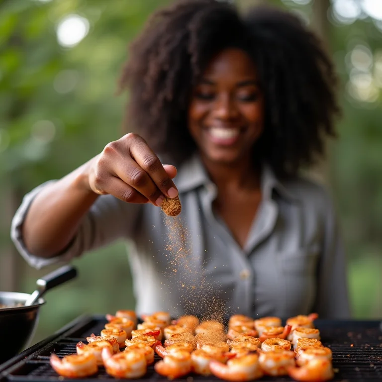 Mulher temperando camarões com tempero Cajun.