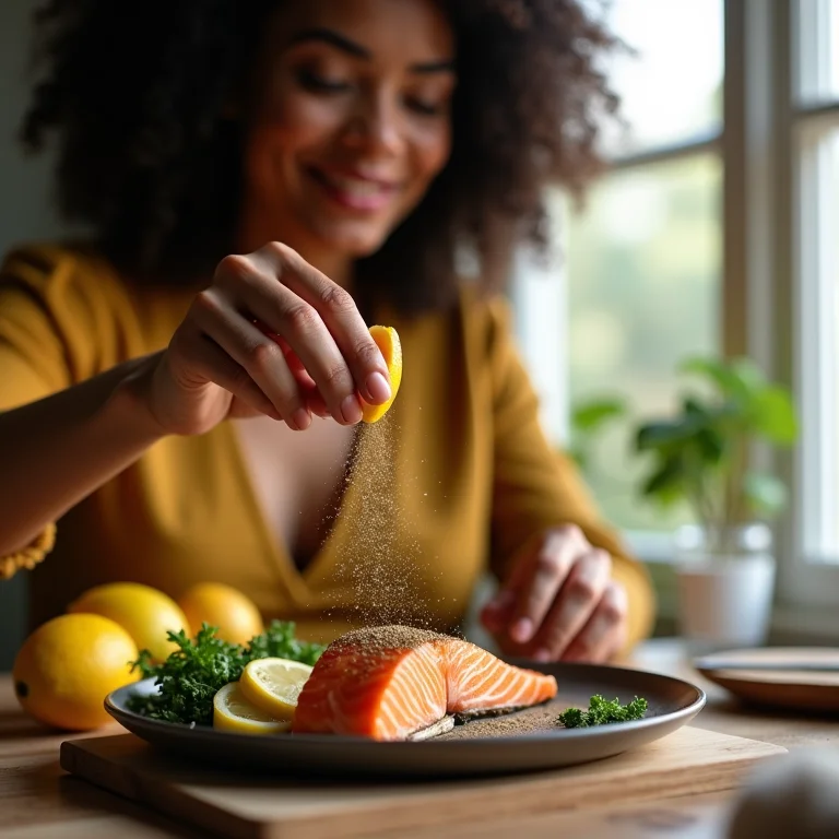 Mulher temperando salmão grelhado com lemon pepper