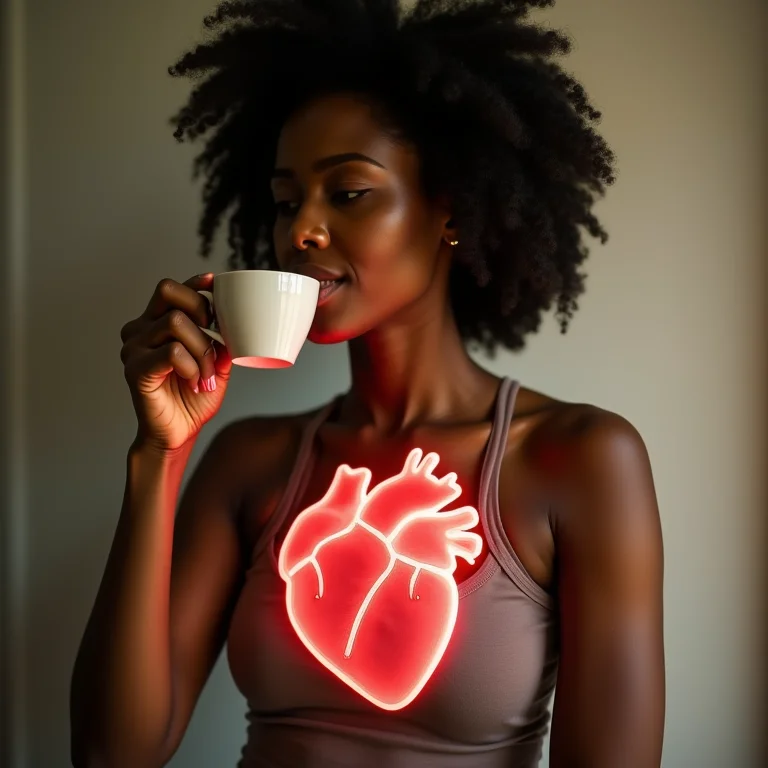 Mulher tomando chá preto com ilustração de coração saudável