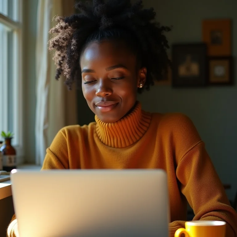 Mulher trabalhando em um laptop com chá de cúrcuma ao lado.