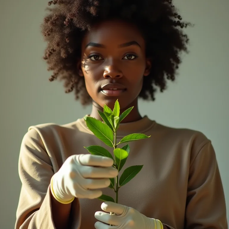 Mulher usando luvas ao manusear planta de arruda para segurança
