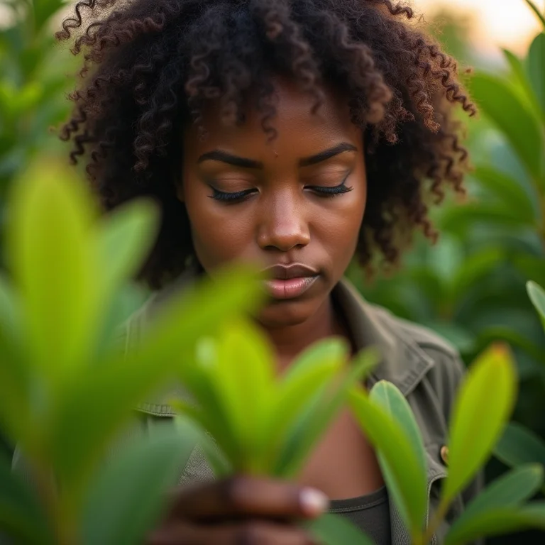 Mulher verificando sinais de pragas e doenças na arruda