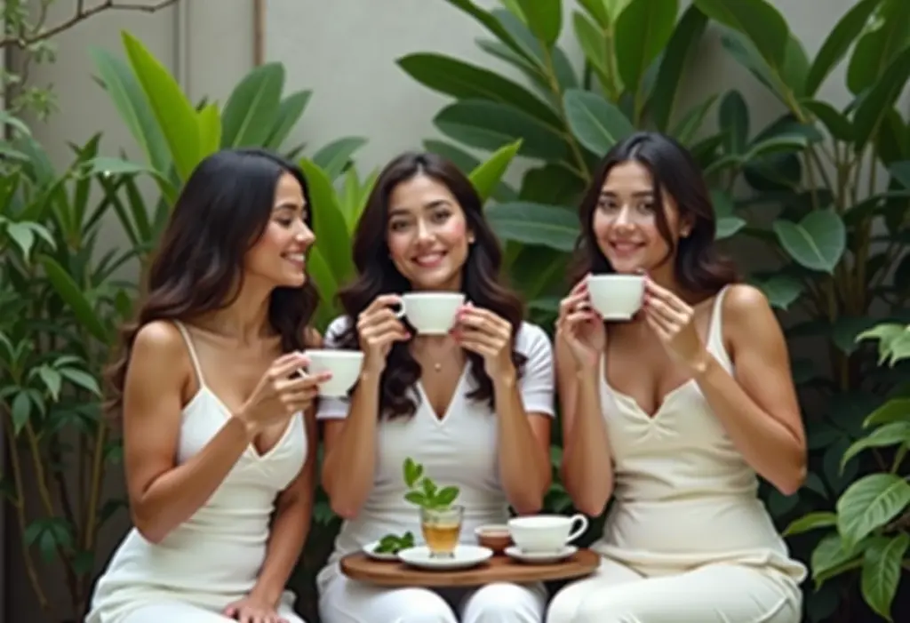 Mulheres diversas desfrutando chá em ambiente tranquilo.