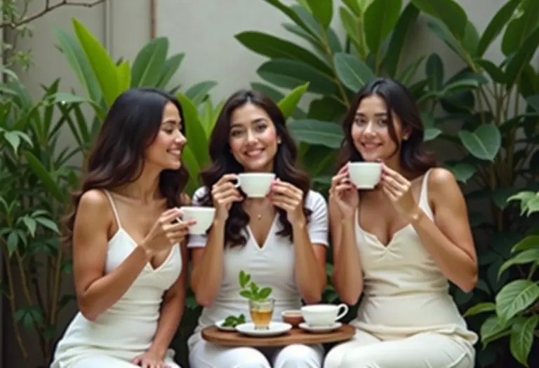 Mulheres diversas desfrutando chá em ambiente tranquilo.