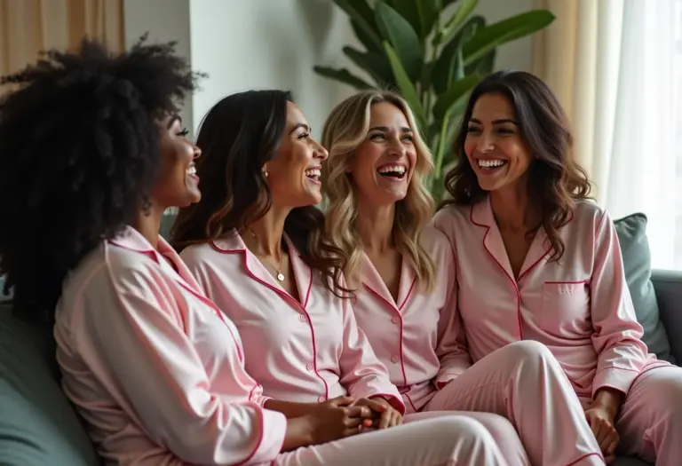 Mulheres diversas reunidas em festa do pijama, rindo e relaxando