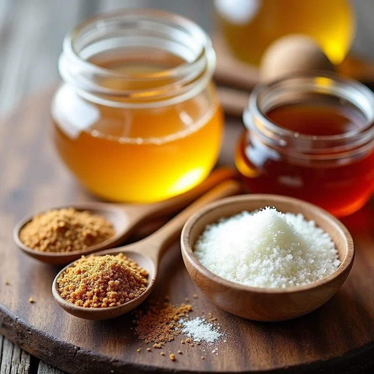 Opções de adoçantes naturais (mel, agave, stevia) em pequenos potes de vidro.