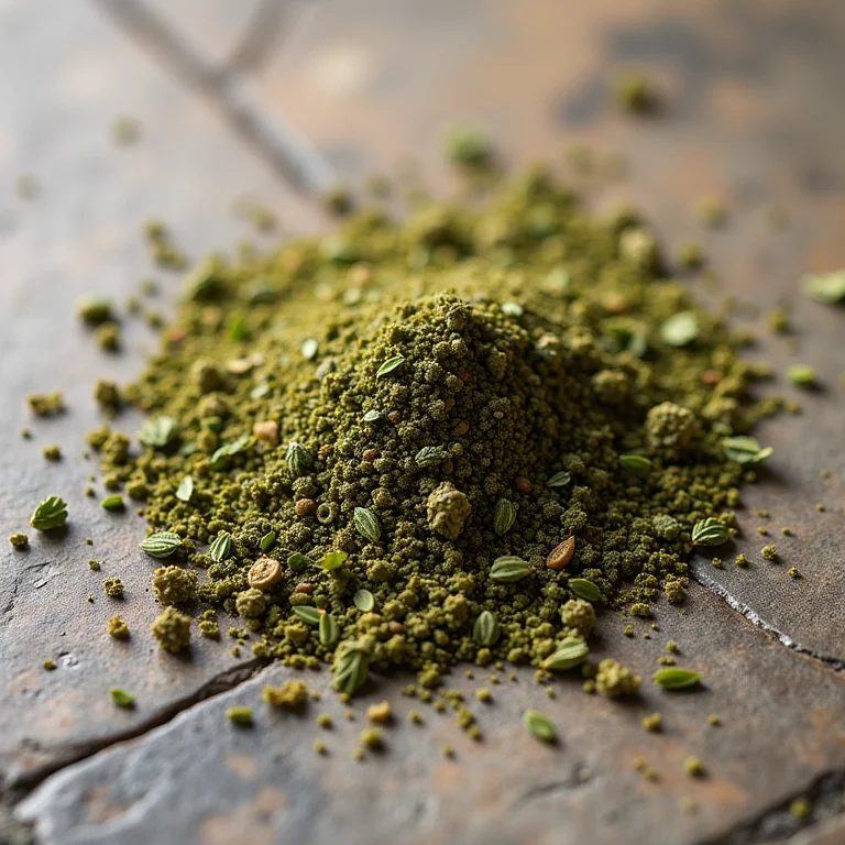 Orégano seco espalhado em uma superfície rústica.