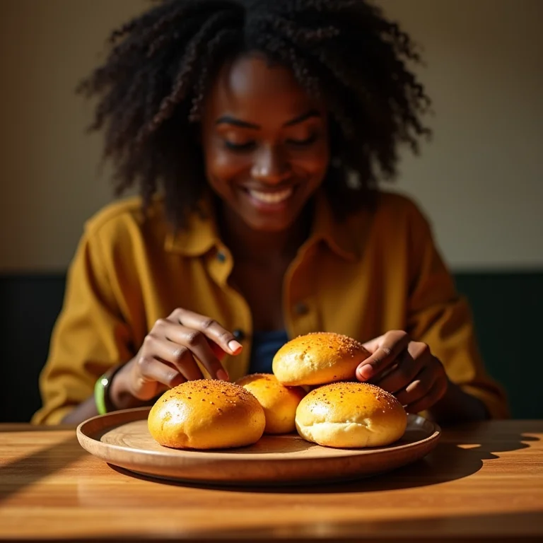 Pães de açafrão dourados sobre mesa de madeira e uma mulher negra sorrindo