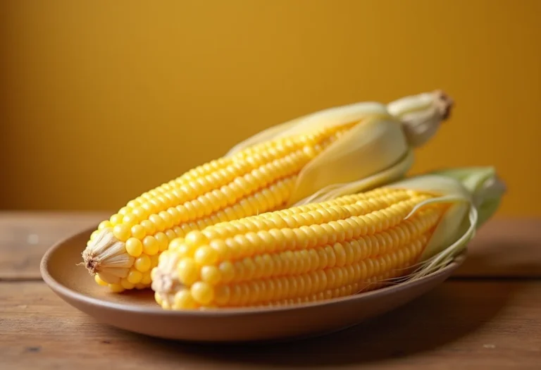 Pamonha doce cremosa em espigas rústicas sobre mesa de madeira.