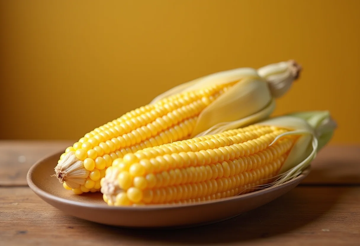 Pamonha doce cremosa em espigas rústicas sobre mesa de madeira.