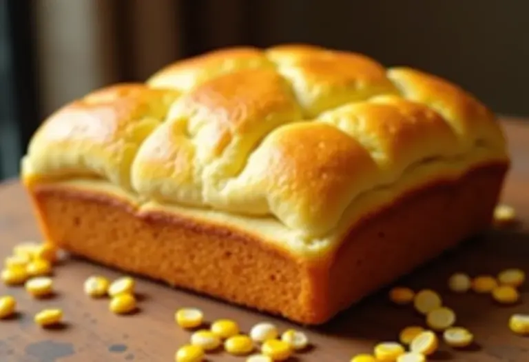 Pão de milho salgado caseiro, textura macia e dourada.