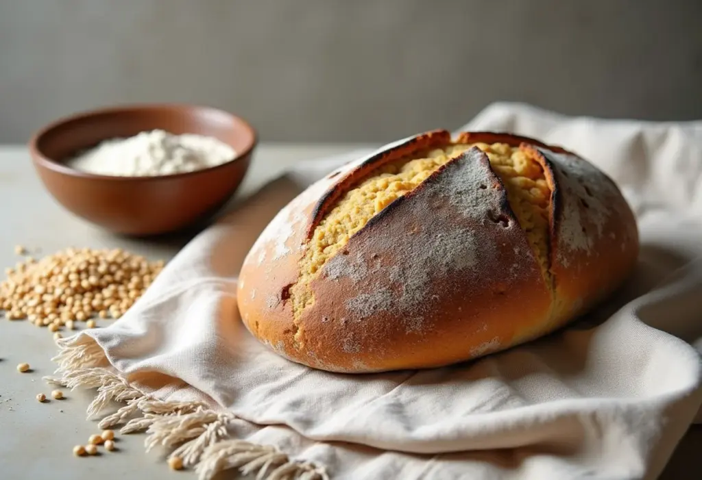Pão de trigo sarraceno rústico em close, farinha e grãos ao lado