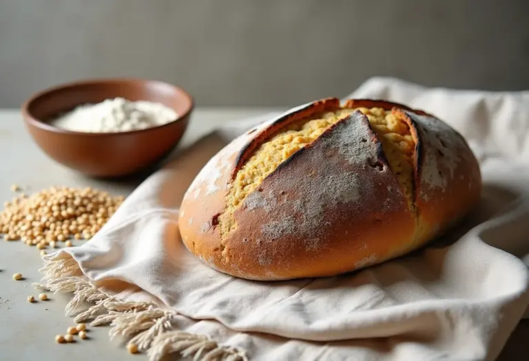 Pão de trigo sarraceno rústico em close, farinha e grãos ao lado