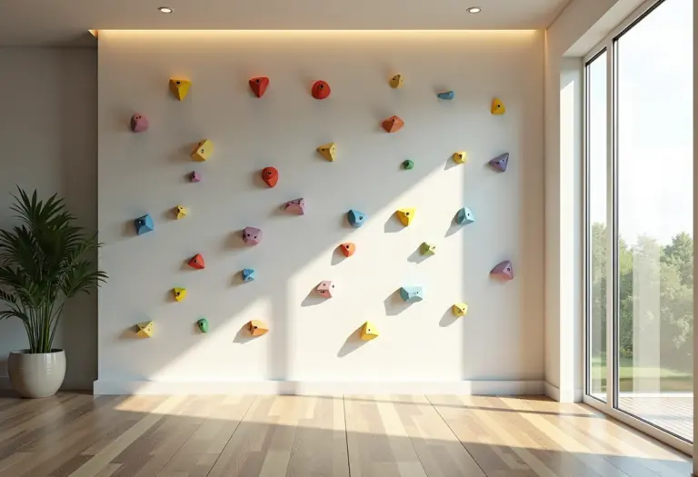 Parede de escalada moderna em sala de estar minimalista
