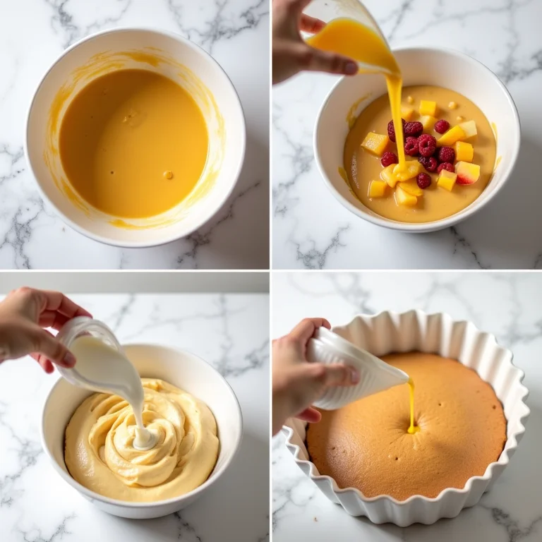 Passo a passo do preparo de um bolo de frutas caseiro.