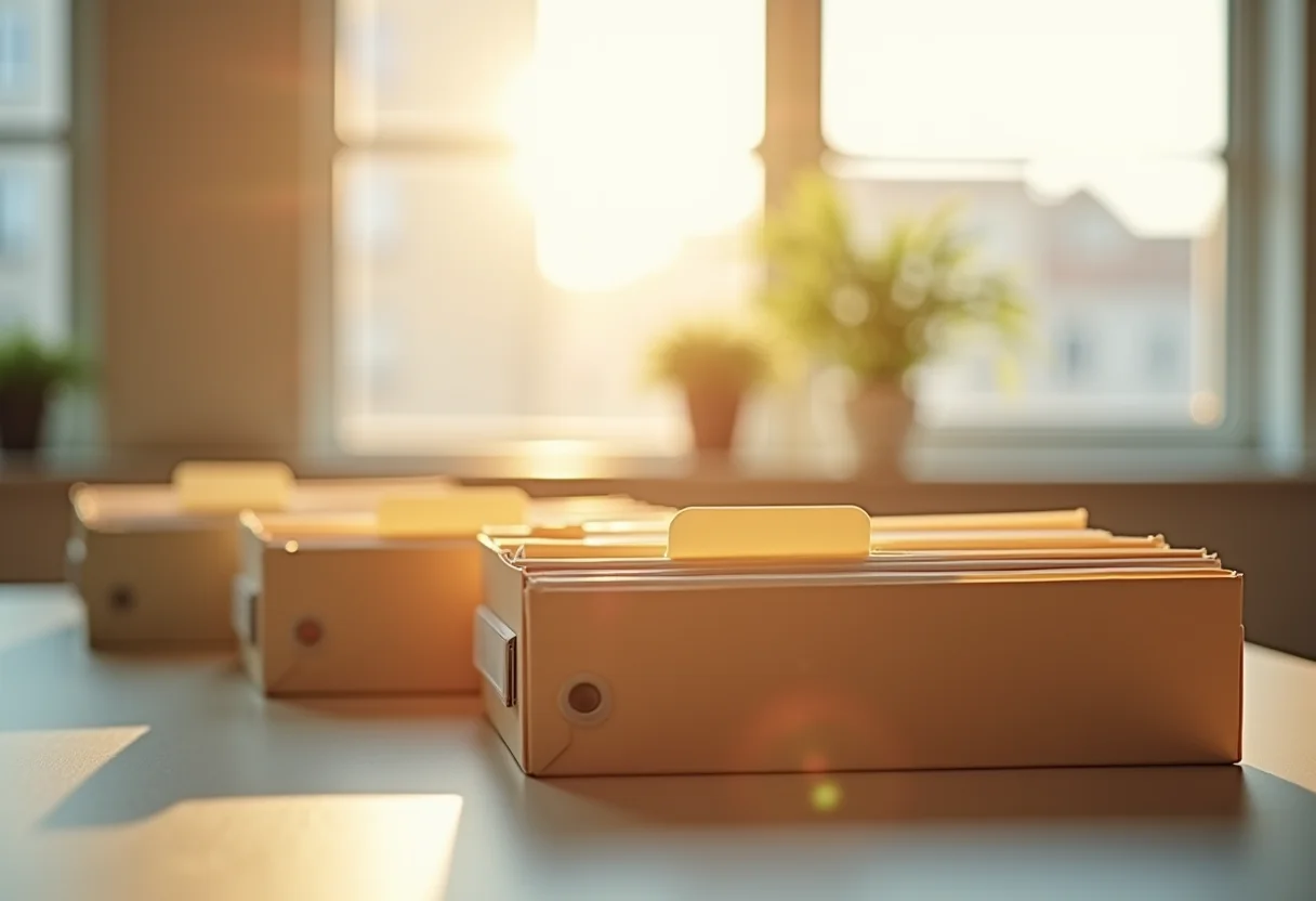 Pastas de e-mail organizadas em um escritório moderno.