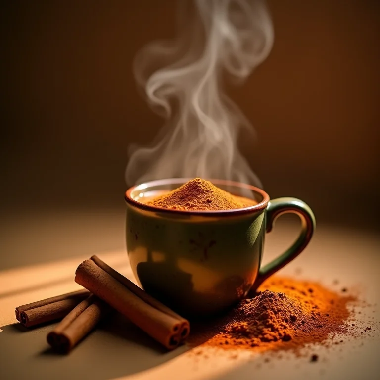 Paus de canela, canela moída e xícara de chá de canela fumegante