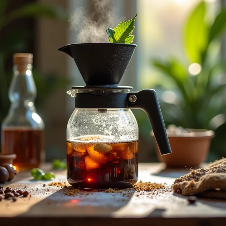 Peças de cafeteira sendo limpas com produtos naturais