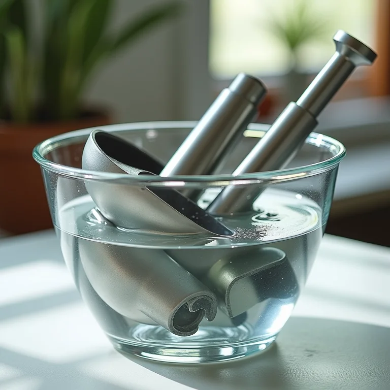 Peças do liquidificador de inox imersas em solução de limpeza.