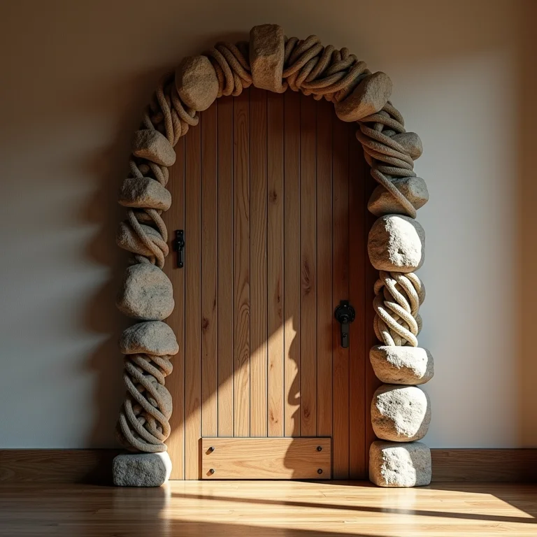 Peso de porta rústico com pedras e corda