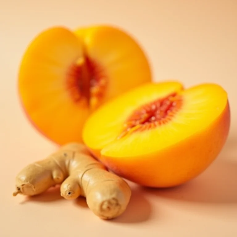 Pêssegos fatiados e raiz de gengibre dispostos juntos em uma composição harmoniosa.