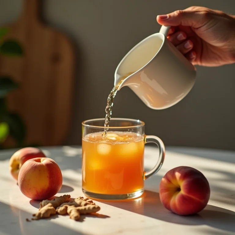 Pessoa preparando chá de pêssego e gengibre, despejando água quente em uma xícara.