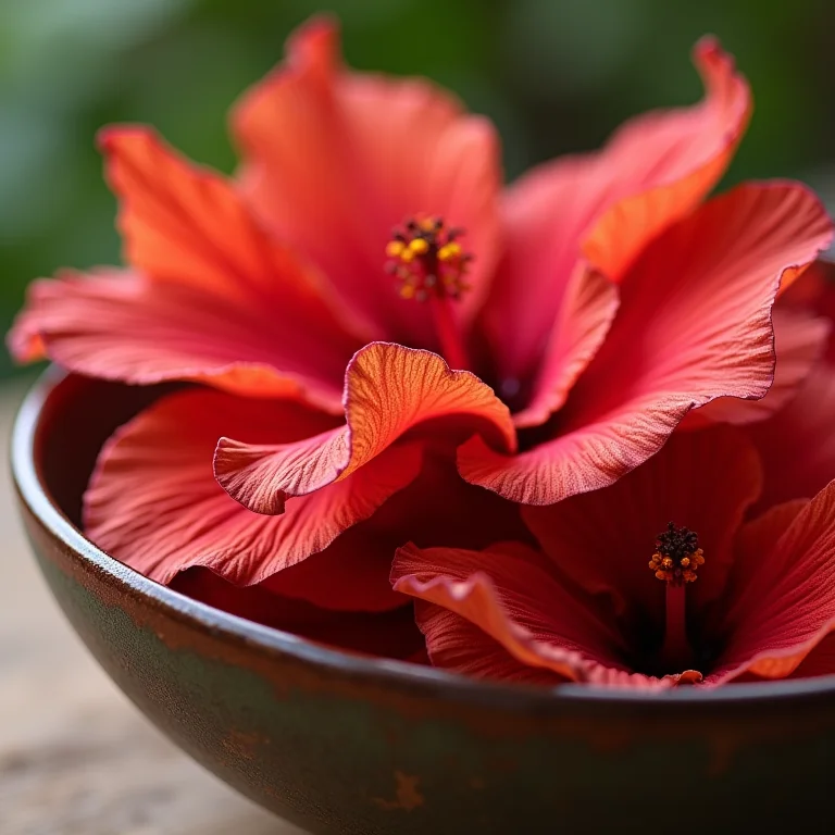 Pétalas secas de hibisco exibindo sua vibrante cor.
