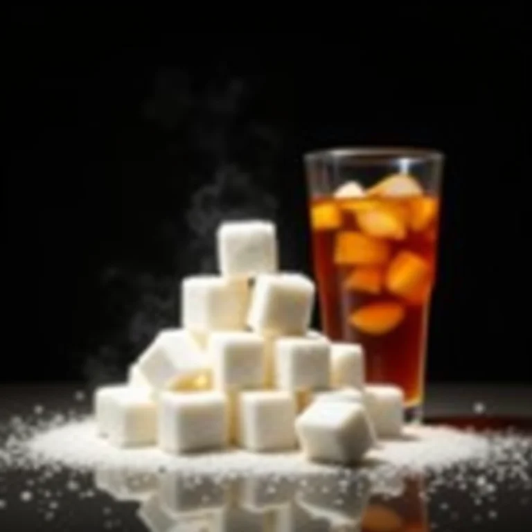 Pilha de cubos de açúcar ao lado de um copo de chá gelado