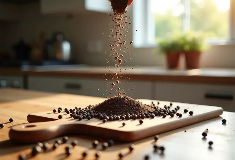 Pimenta do reino moída na hora caindo sobre tábua de madeira