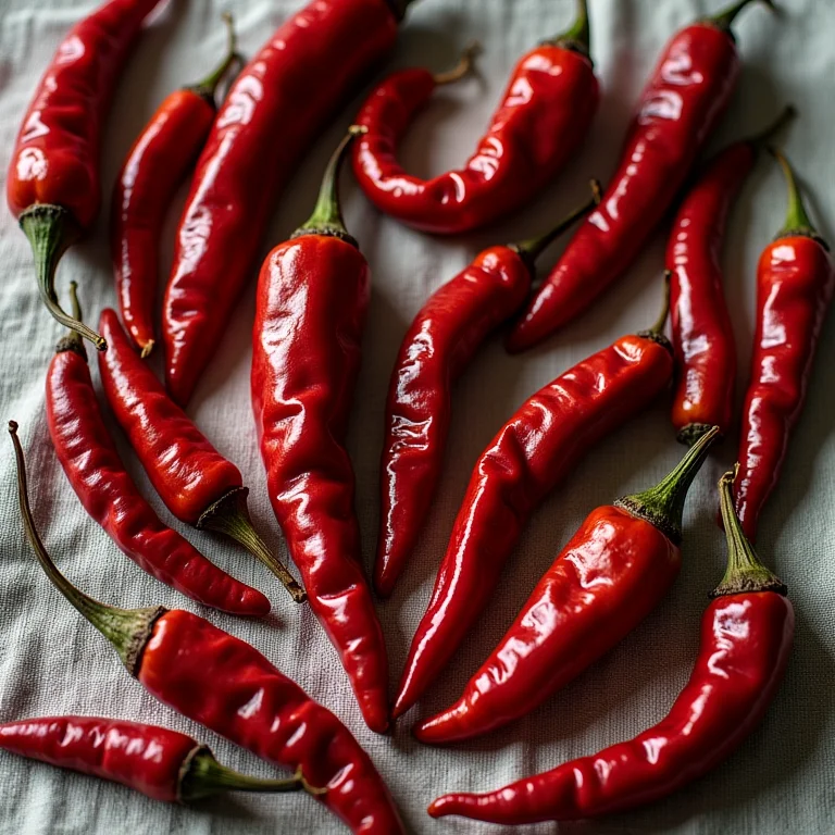 Pimentas calabresas secas dispostas em padrão.