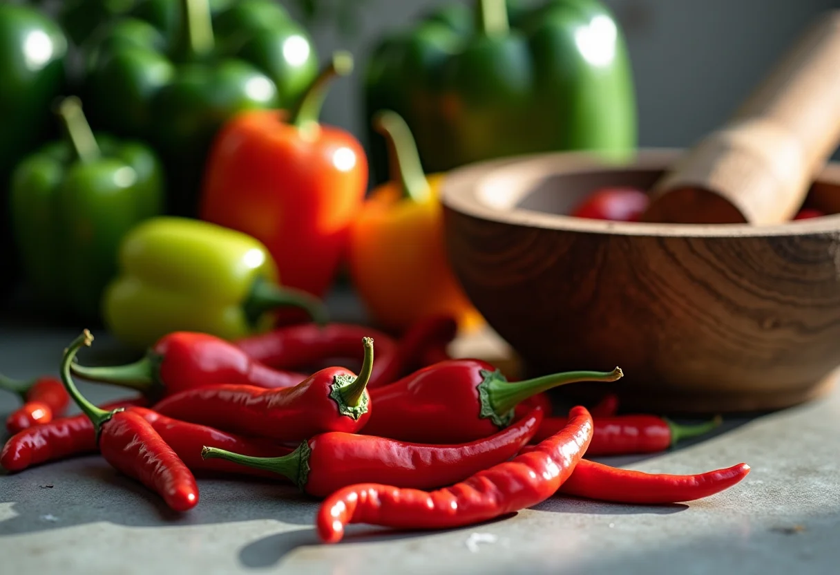 Pimentas chilli e ingredientes frescos em uma bancada.