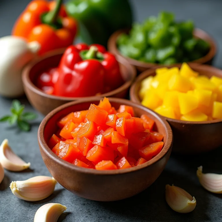 Pimentões coloridos picados em pequenos recipientes.