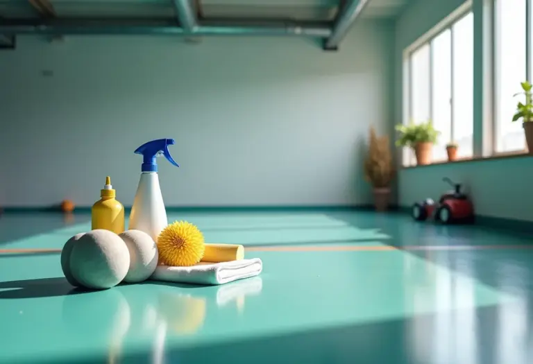 Piso de borracha de academia sendo limpo