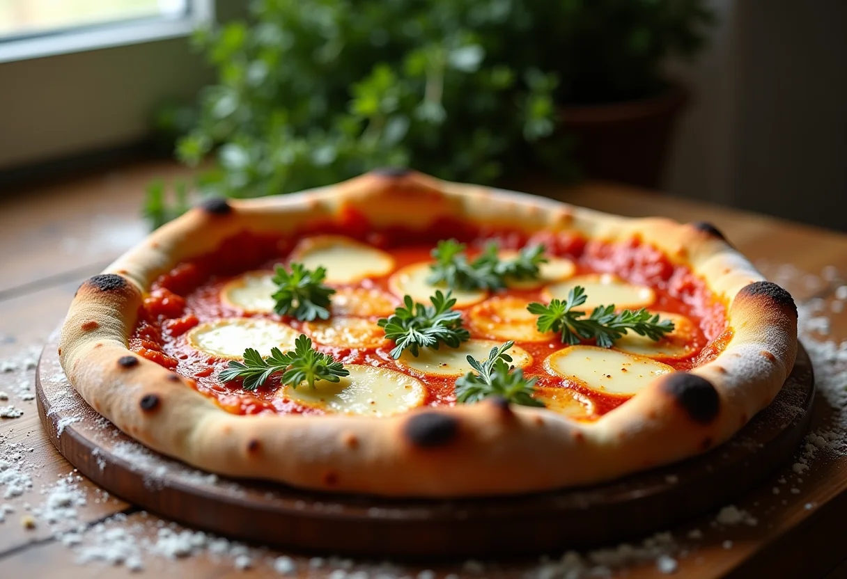 Pizza de orégano e queijo apetitosa com crosta dourada.