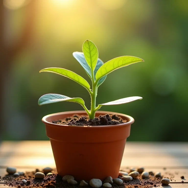 Planta de arruda crescendo em um vaso de cerâmica, sob a luz do sol.