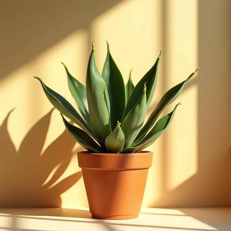 Planta de arruda em vaso de terracota recebendo luz solar