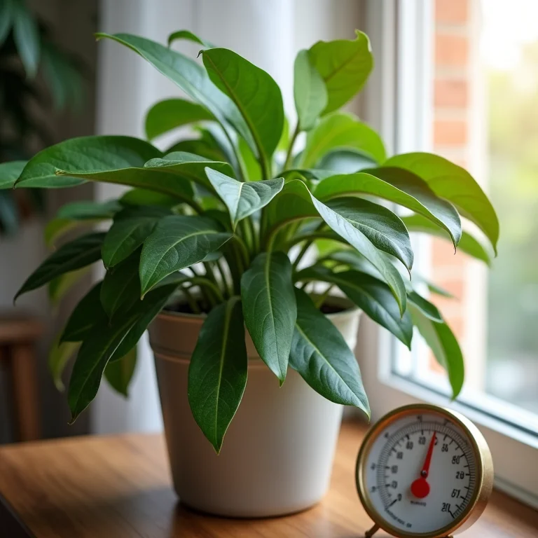 Planta de louro crescendo em ambiente interno com termômetro indicando temperatura ideal